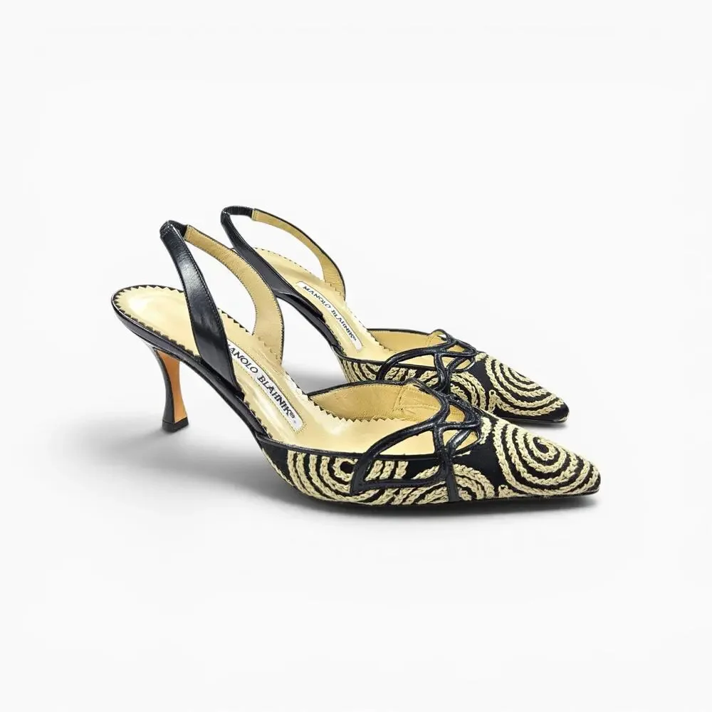 Y2k Manolo Blahnik Kitten Heels Slingback Embroidered - Size 35.5 (5)
